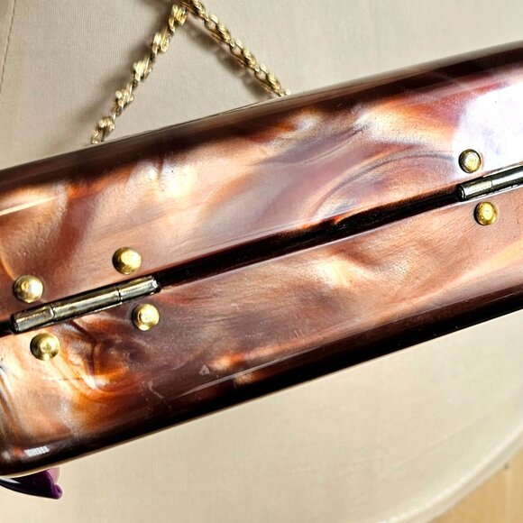 Vintage Brown Marbled Acrylic Box Clutch with Gold Chain Strap - Picture 14 of 16